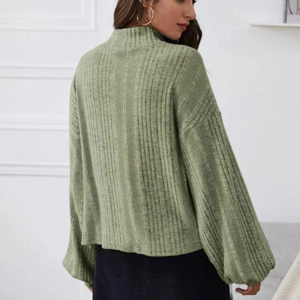 Mockneck ribbed knit lantern sleeve top burgundy red cozy - Picture 6 of 10